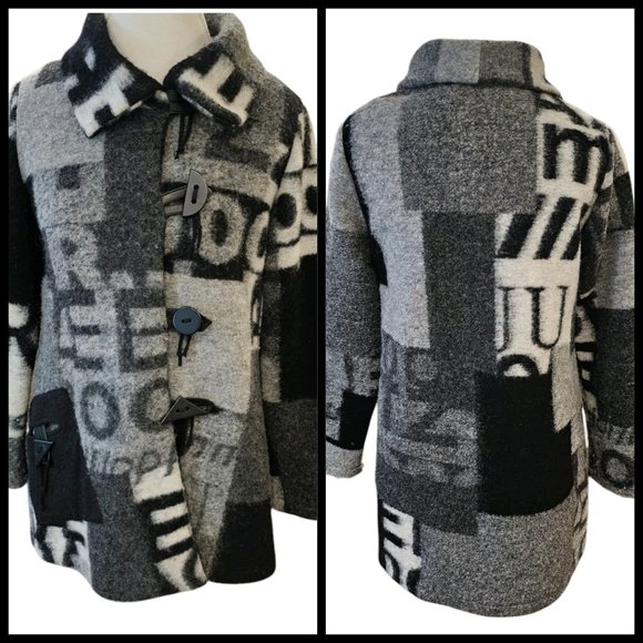 Womens Sz Medium Gray Wool‎ Blend Jacket Poland Lagenlook Patchwork Mixed Print - Picture 14 of 14